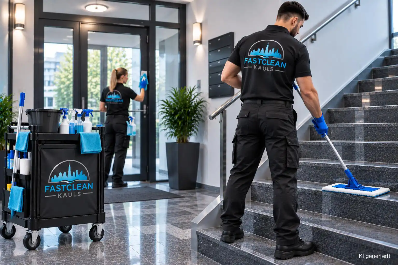 Mitarbeiter von FastClean Kauls reinigen Treppenhaus und Eingangsbereich