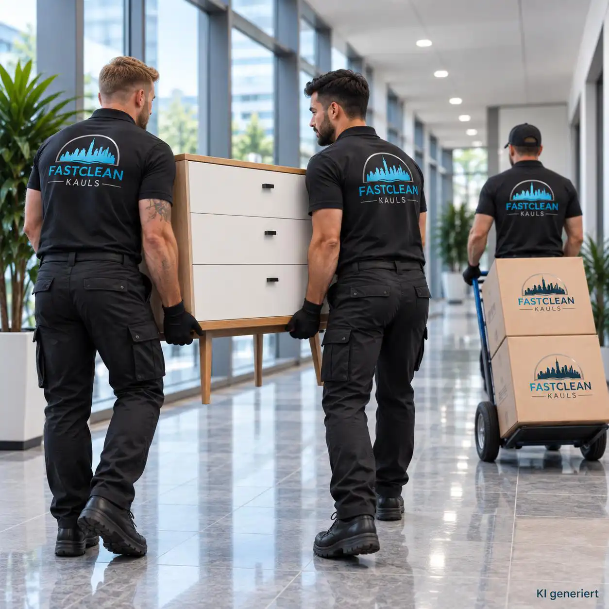 Mitarbeiter von FastClean Kauls transportieren eine Kommode und Kartons