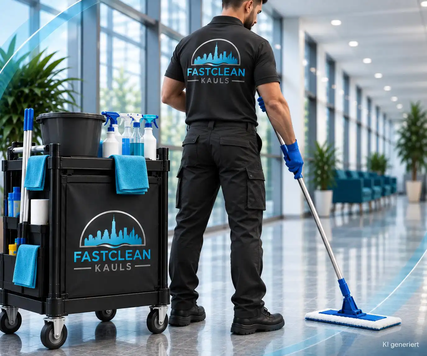 Mitarbeiter von FastClean Kauls bei der Bodenreinigung